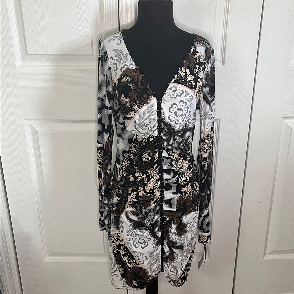 Hale Bob Black White Paisley Ruched Stretch Bodycon Dress Size Medium NWT
